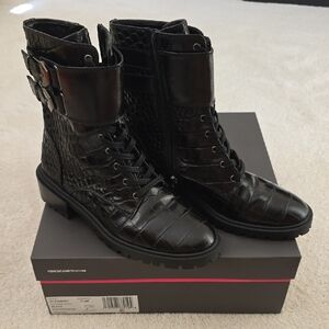 Vince Camuto Black Croc-Pattern Combat Boots